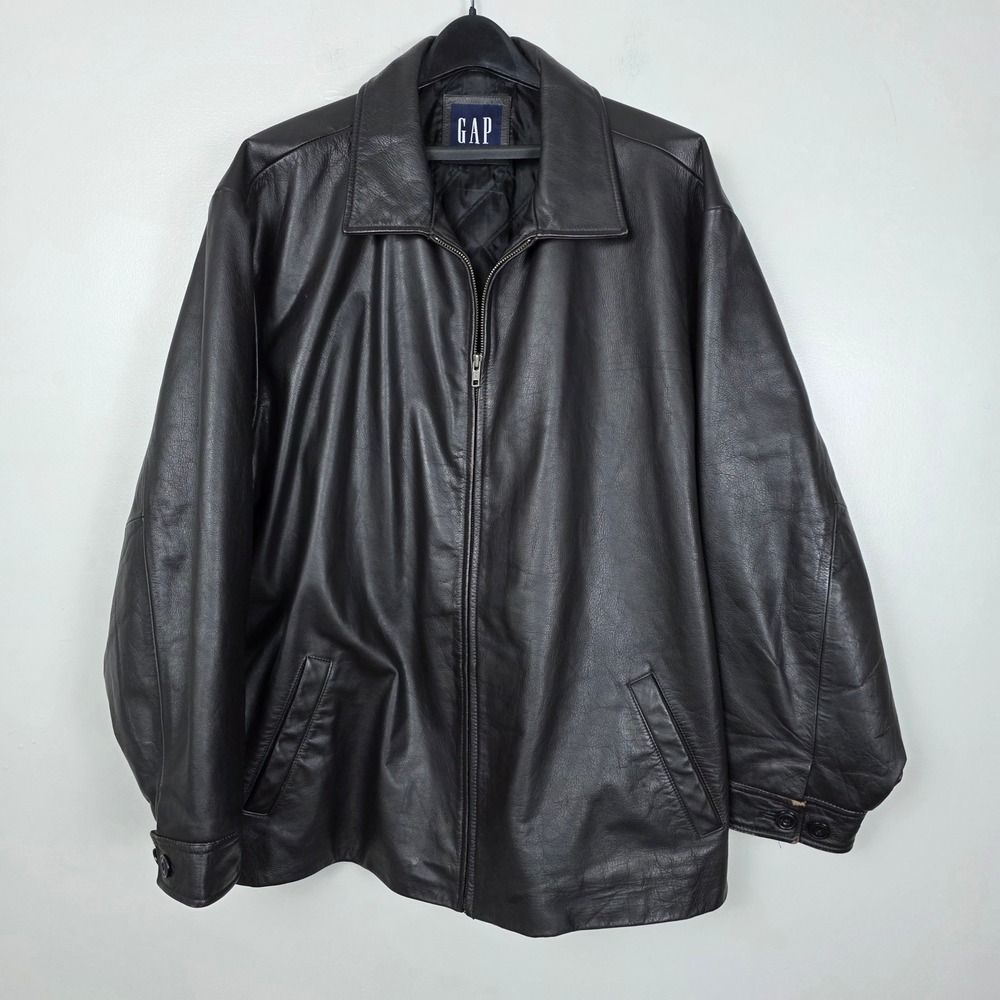 GAP Leather Jacket Mens Full Zip Brown Coat Quilted Lined Oversized